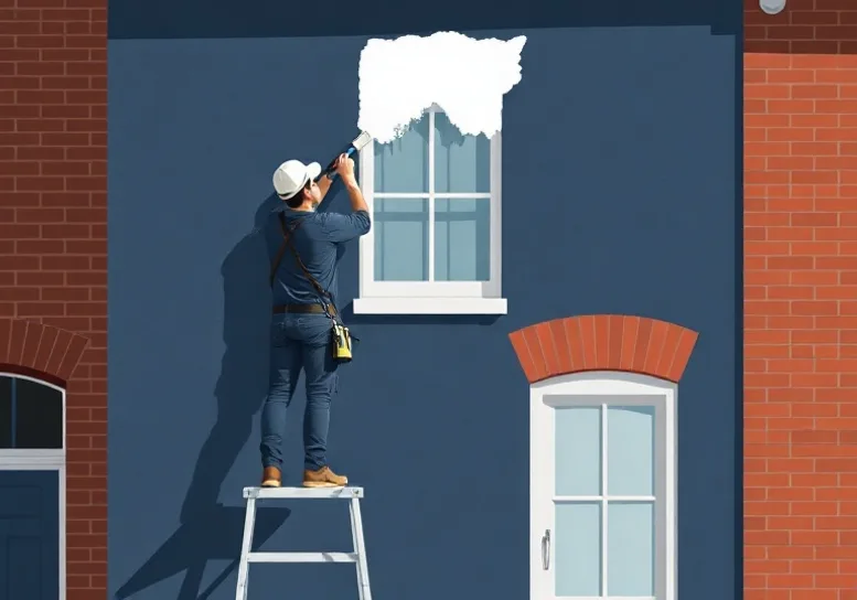 Peintre sur échafaudage traitant la façade d'une maison