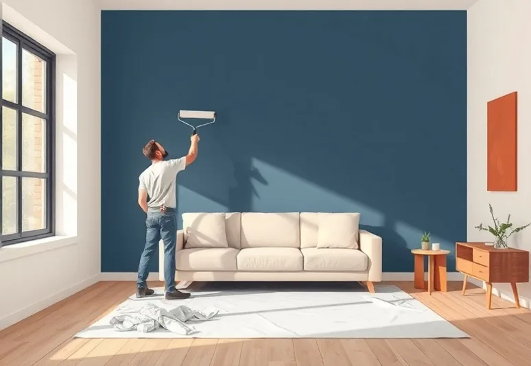 Peintre appliquant la peinture au rouleau sur un mur de salon